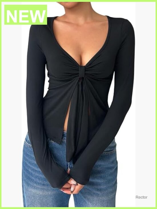 Tops - Long Sleeve Knot Front V Neck Split Hem Tunic Crop Top